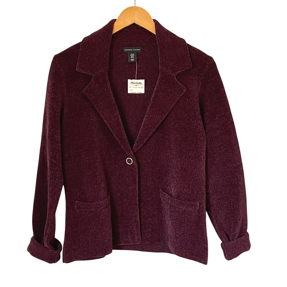 Adrienne Vittadini Women Burgundy Chenille Blazer Jacket Medium Button Front NWT